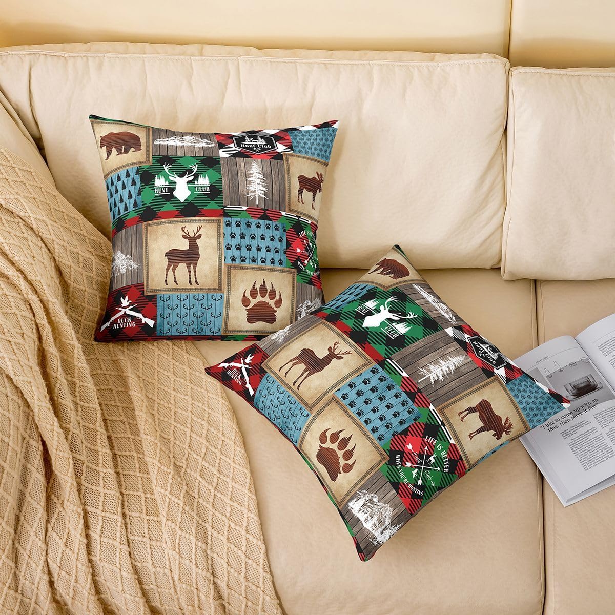 Buffalo Grid Throw Pillow Covers 24x24 Inch Set of 2 Hunting Bear Deer Pillow Covers for Sofa Rustic Farmhouse Style Cushion Cases Christmas Moose Wild Animals Decorative Pillow Covers Brown Red Blue
