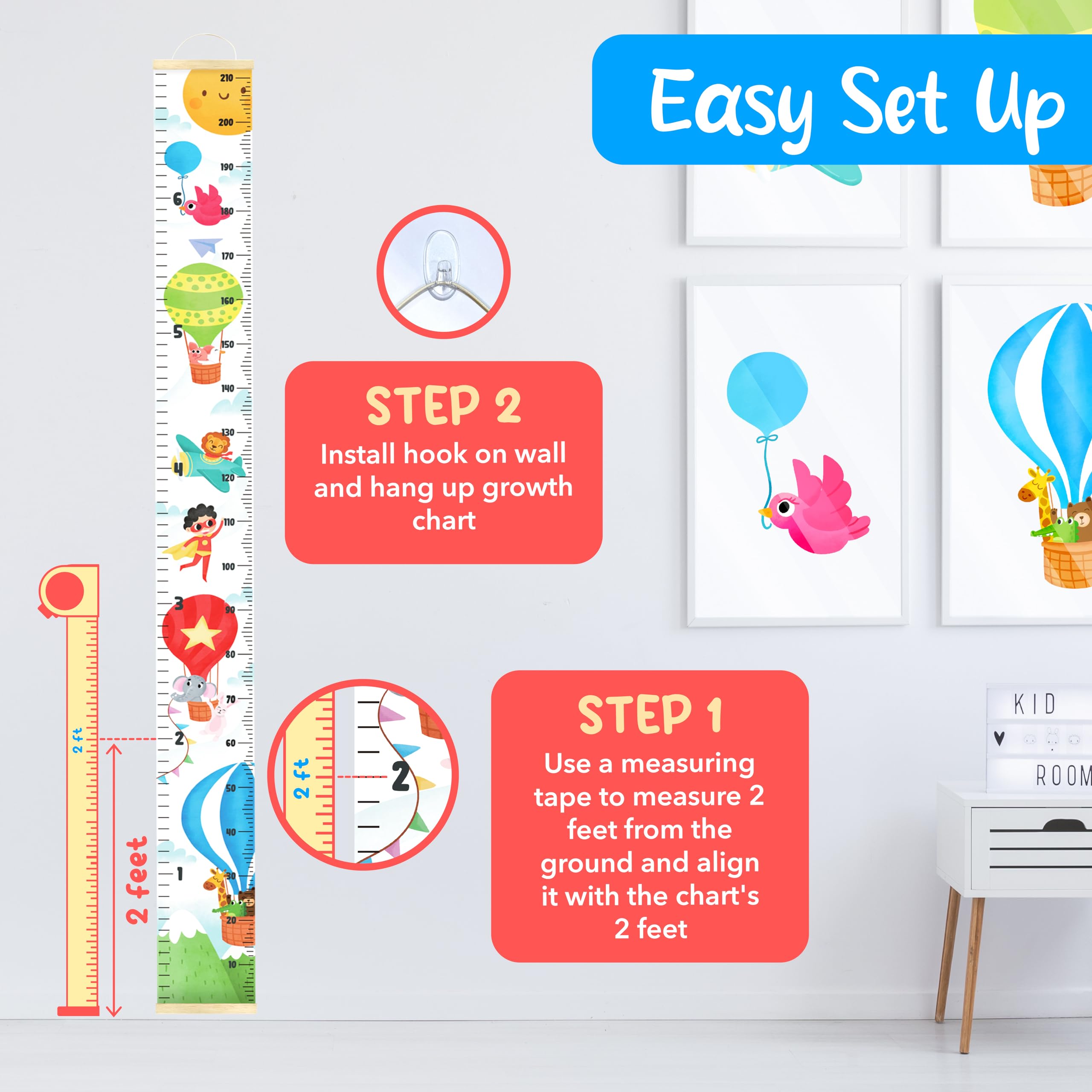KooKooBaby Tabla de crecimiento para niños para pared – 82 x 7.9 pulgadas, tabla de altura extraíble de lona de alta calidad para niños, medición de altura para niños y bebés, tabla de pared de altura