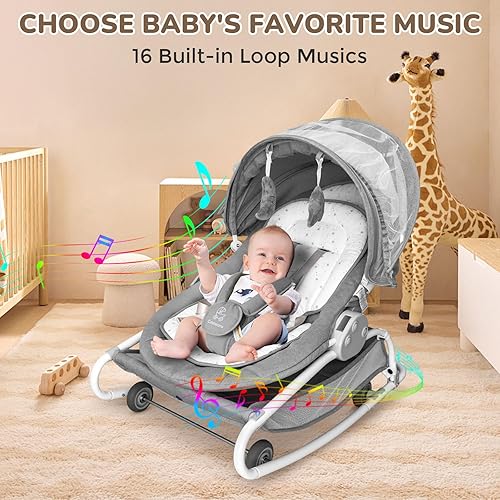 Miniatura 4 de Bouncker eléctrico 4 en 1, silla de comedor, mecedora extraíble con 16 melodías preestablecidas y Bluetooth, 0-30 meses máximo 33 libras, gris