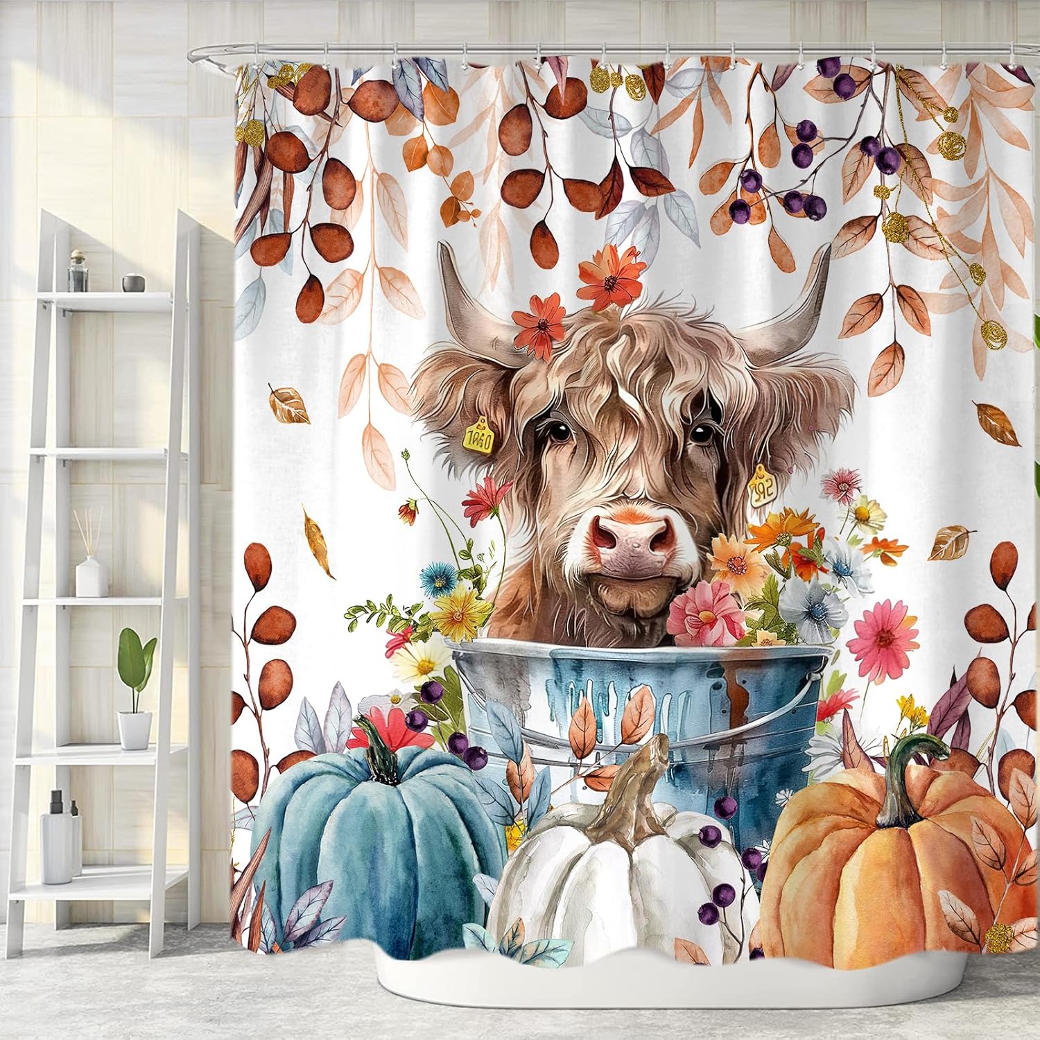 Sanzugh Fall Pumpkin Highland Cow Extra Long Shower Curtain, Cute Autumn Fall Farmhouse Animal Floral Leaves Thanksgiving Fabric Shower Curtains Set for Bathroom Decorative 72X84 inch Bath Decor