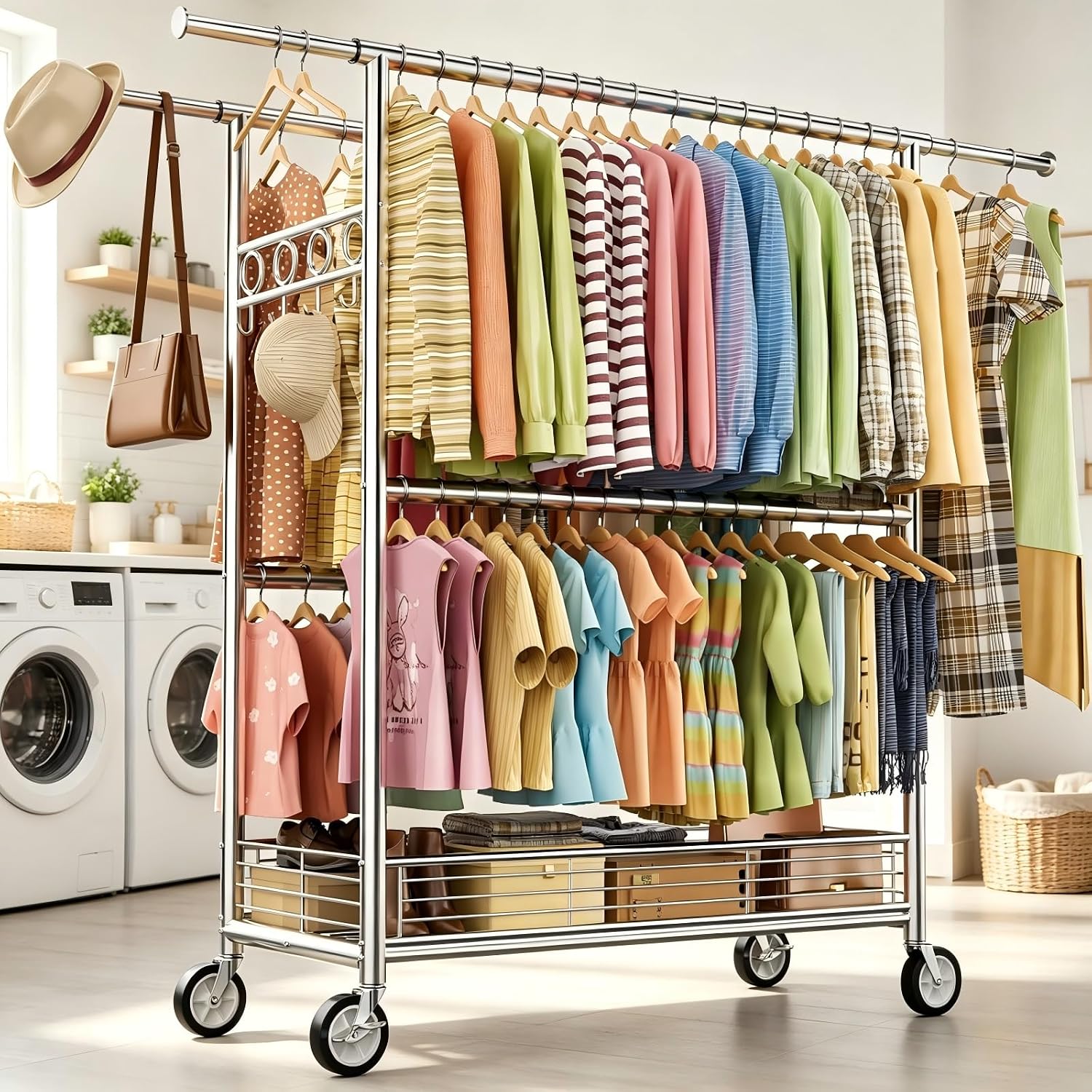 Heavy Duty 4 Rod Clothes Rack, Adjustable Rolling Garment Clothing Shelves