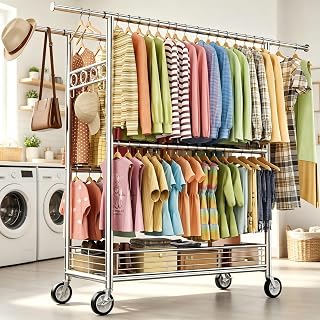 Heavy Duty 4 Rod Clothes Rack, Adjustable Rolling Garment Clothing Shelves | 1200 LB Load Rolling Commercial Rack with Wheels Hooks Silver