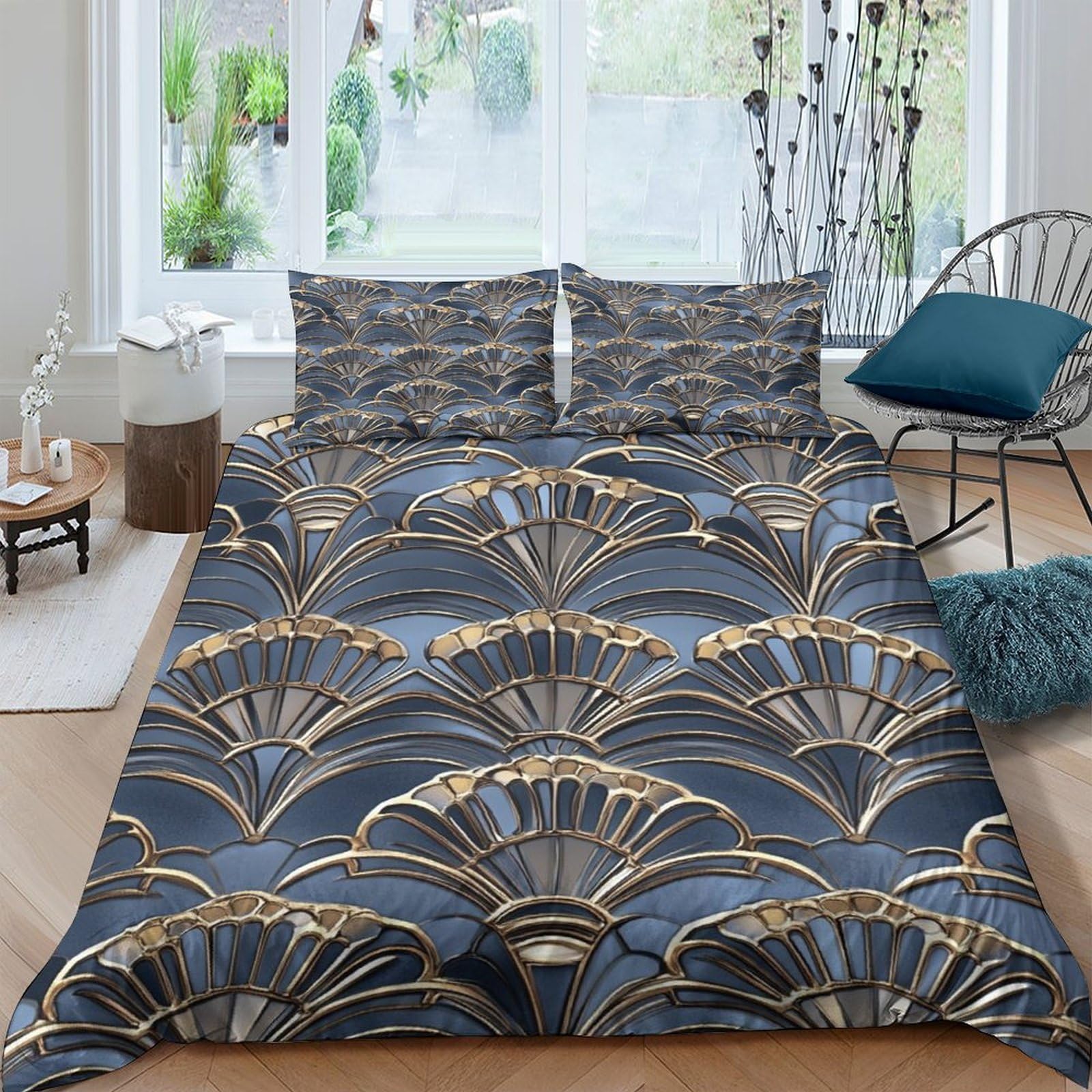 Ctjqhvkz Style-1 3D Printed Art Deco Fan Fitted Sheet Microfiber Soft Blue Gold Geometric Bed Cover For Bedroom Guest Room Decor Single（135X200cm）