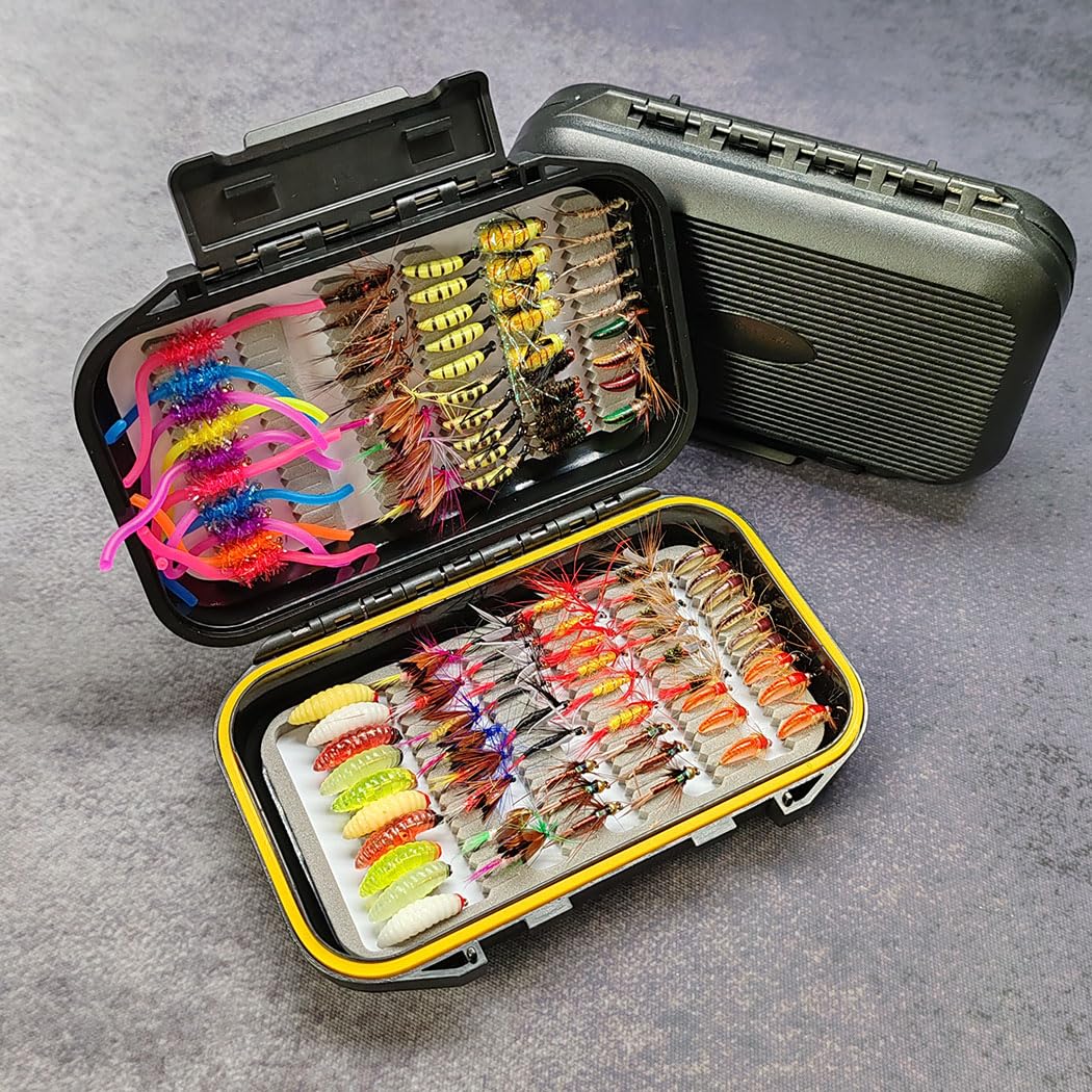 Kit de señuelos para pesca con mosca 24/38/102/114 piezas, moscas secas, húmedas, ninfas, polillas, streamer, mosquitos, gusanos + caja, adecuados para trucha, lubina, salmón