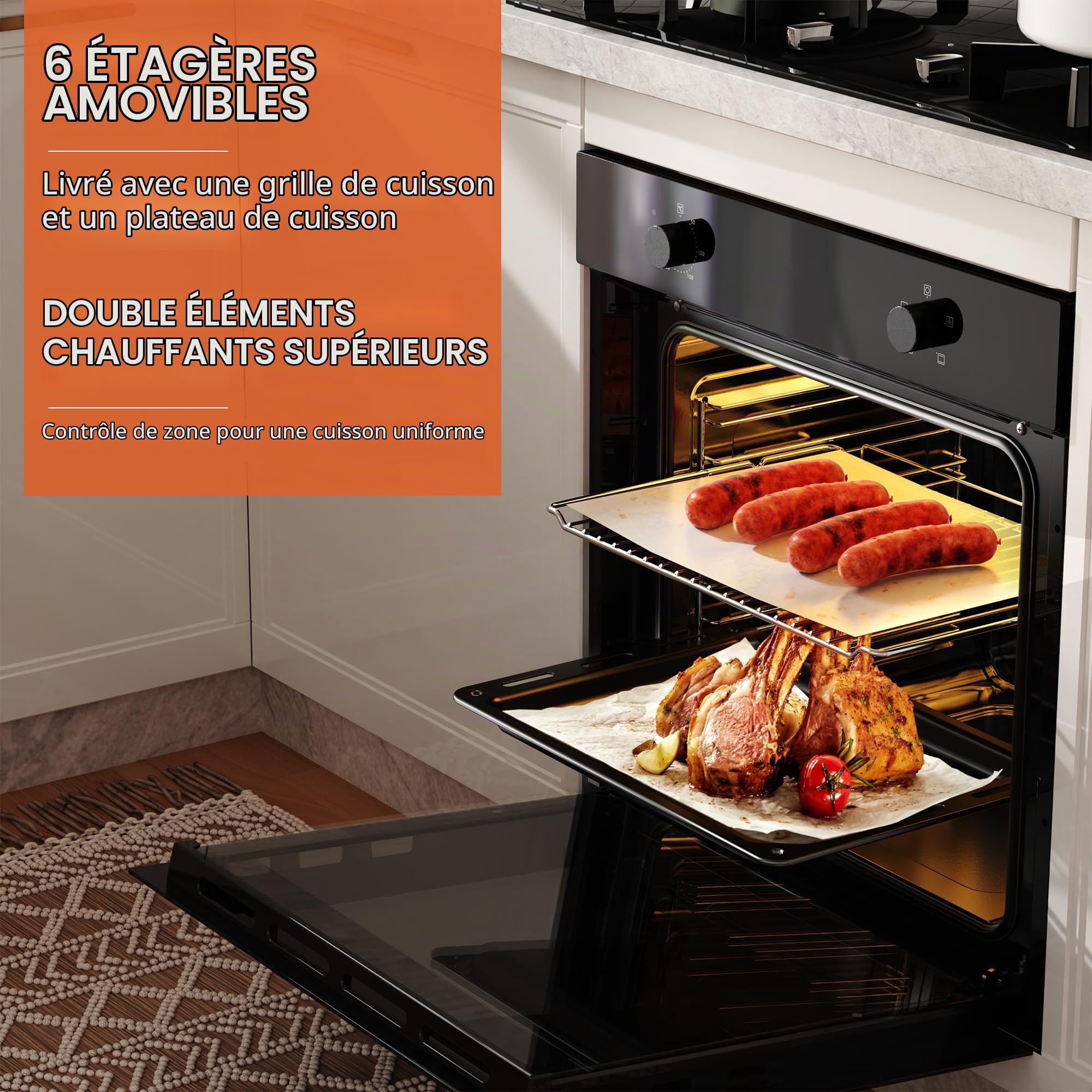 Four et plaque à induction: Four Encastrable 60CM avec 4 Fonctions & 65 Liters+Plaque Induction 4 Feux avec Prise 60CM Encastrable