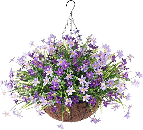 Ammyoo Flores colgantes artificiales con cesta arreglo de violetas artificiales plantas falsas de orquídeas en cesta de forro de coco de 12 pulgadas