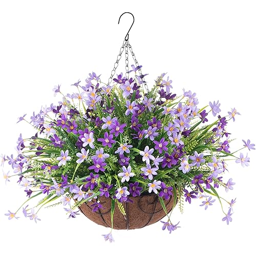 Ammyoo Artificial Hanging Flowers with Basket, Artificial Violets Arrangement,Orchids Fake Plants in 12 inch Coconut Lining Basket for Patio Garden Porch Deck Decoration