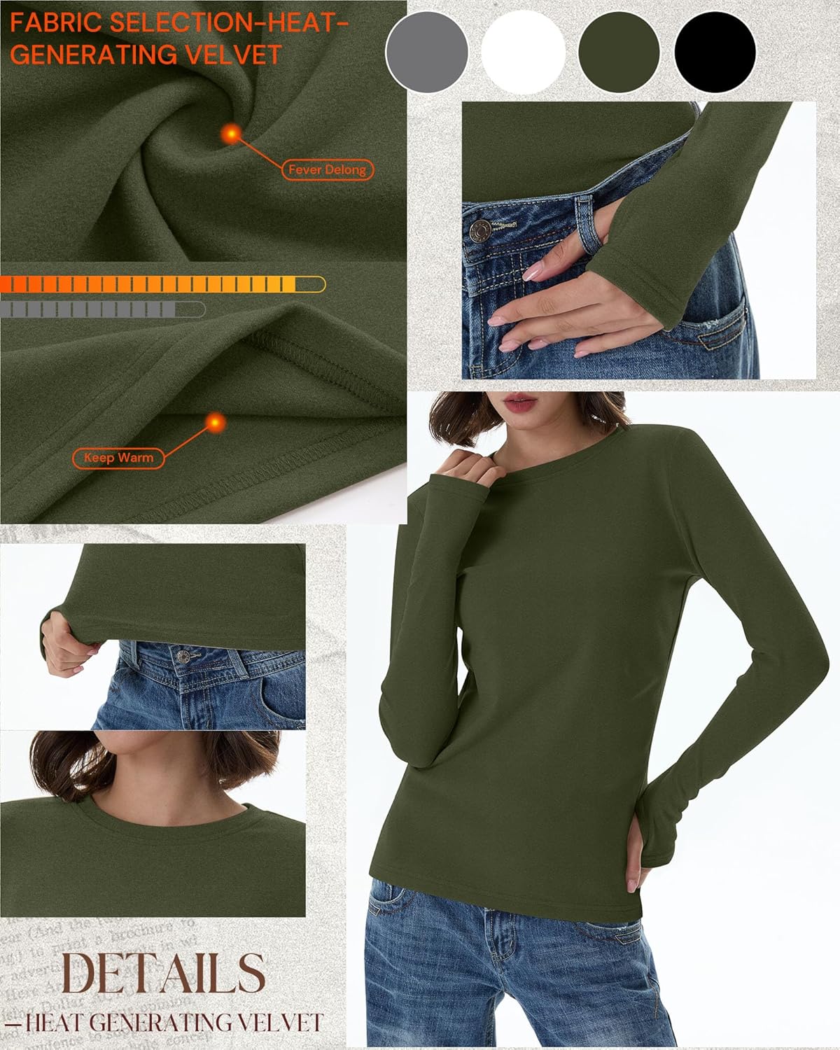 Neer 4 Pack Women's Fleece Thermal Long Sleeve Shirts, Thumb Holes Crew Neck Slim Fit Tops Warm Workout Basic Undershirt - Image 6