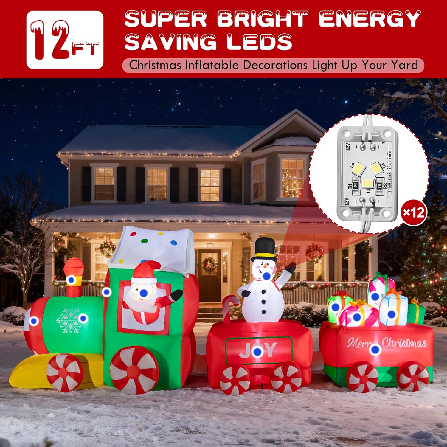 12FT Christmas Inflatables Outdoor Decorations, Christmas Train Inflatable with Santa Claus Snowman Gift Boxes, Blow Up Yard Decorations with Built-in LED Lights for Party Garden Yard Lawn