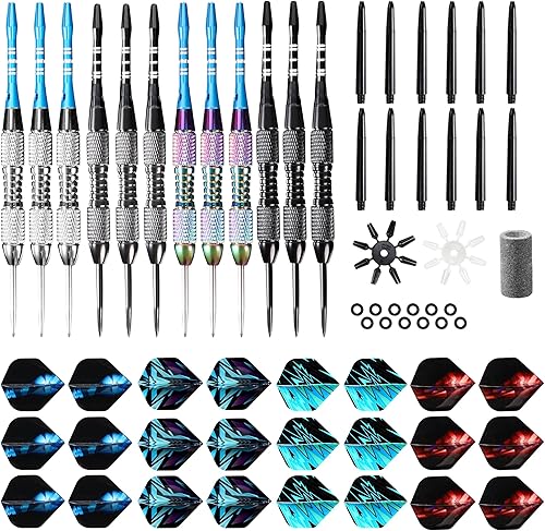 Miniatura 32 de Juego de dardos de punta de metal profesional para dardos de punta de acero con barril de hierro antideslizante, ejes de dardos de aluminio, vuelos