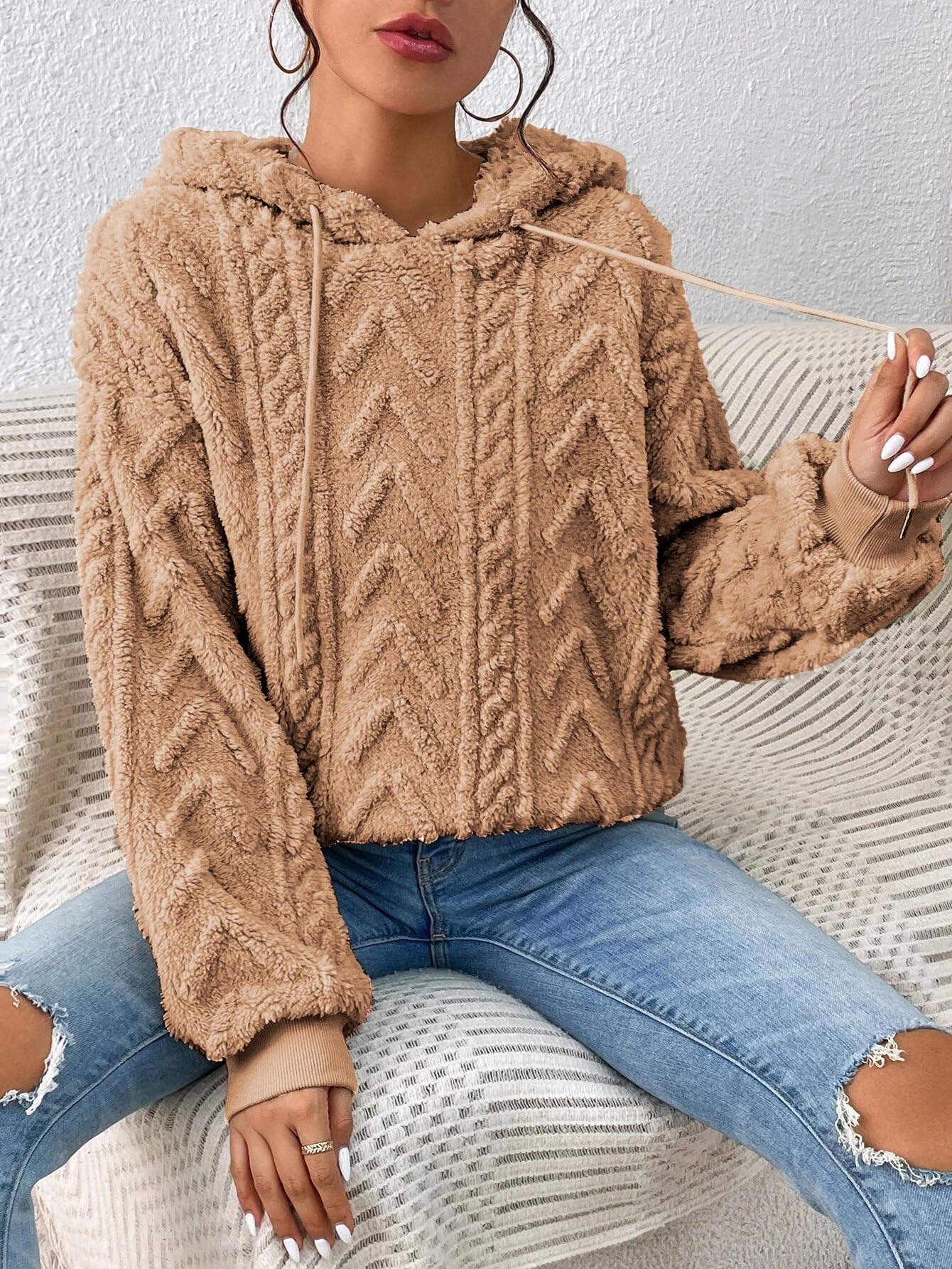 Sweat à Capuche Femme Pull à Capuche en Polaire Oversize Jacquard Cordon de Serrage Hoodie Pullover à Manches Longues
