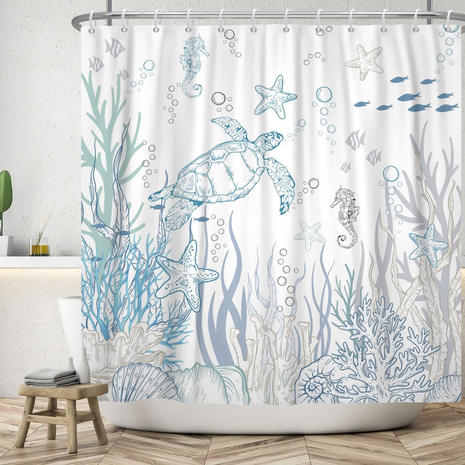 Turtle Shower Curtain Ocean Shower Curtains for Bathroom Coastal Fish Coral Seahorse Shower Curtain Sets Underwater Seashell Bathroom Decor Machine Washable 72x72 in with 12 Hooks - Image 6