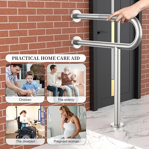 Miniatura 6 de Riel de soporte de inodoro blanco de 23.4 x 28 pulgadas, barra de agarre antideslizante de piso a pared para baño, pasamanos de seguridad moleteados