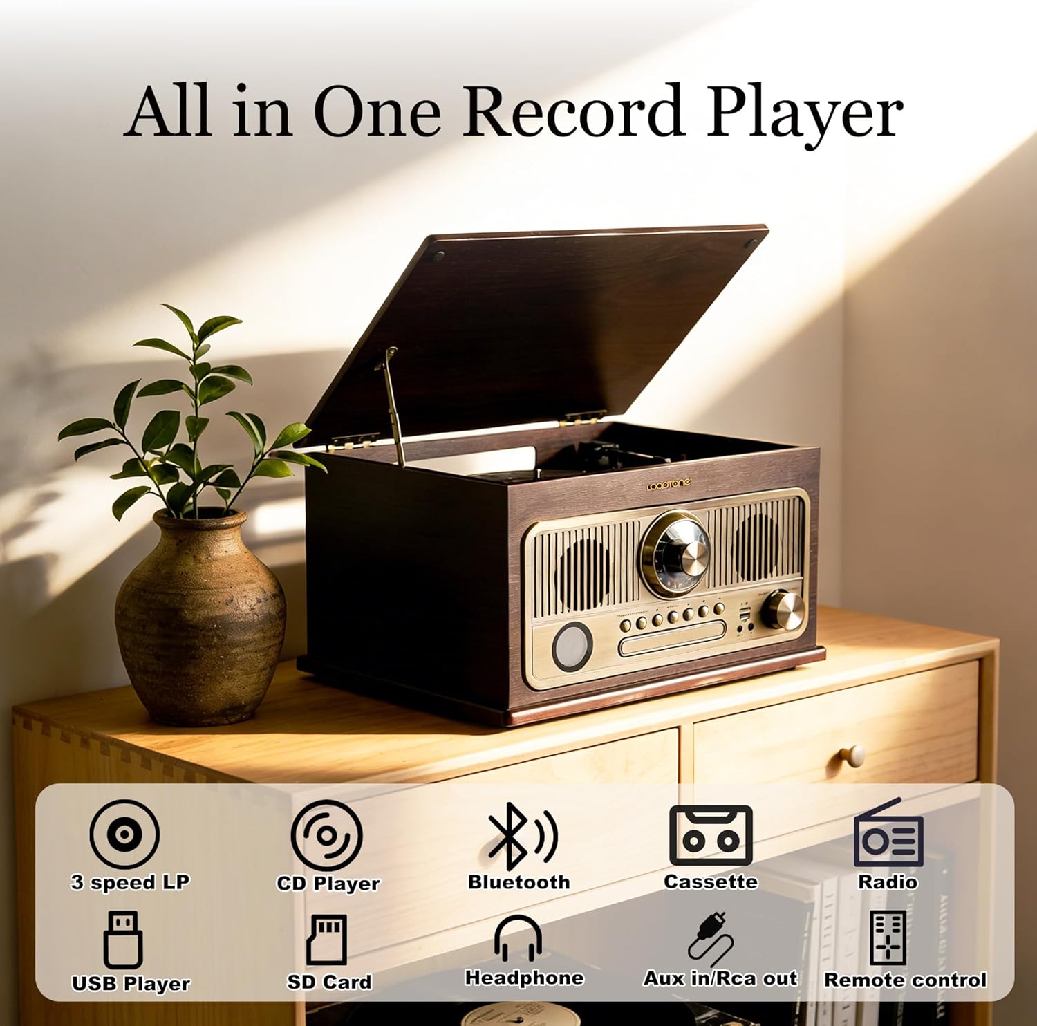 LoopTone All in One Bluetooth Vintage Turntable with 3 Speed Vinyl Record Player,CD Player/Cassette Tape/USB/TF Card,AUX in,FM/AM Radio,RCA Out,Recording