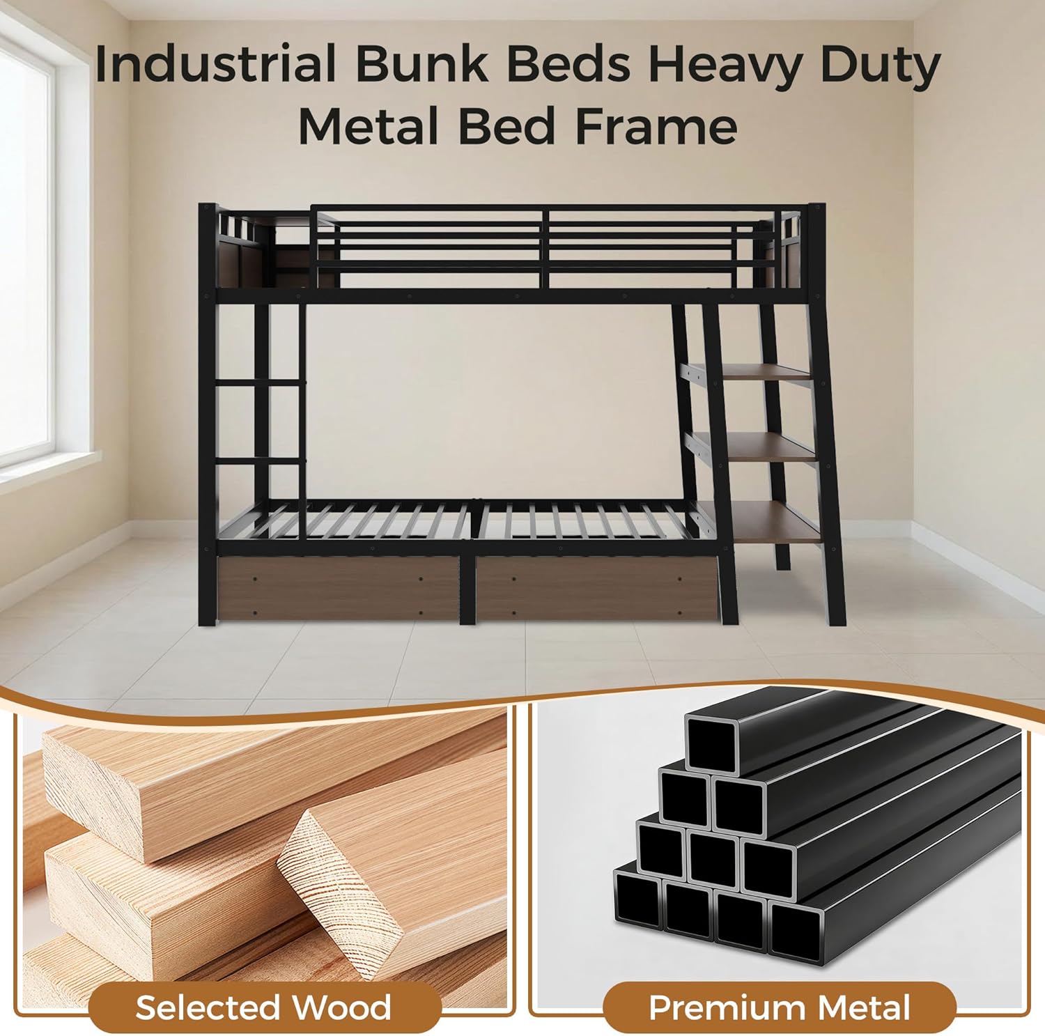 Bunk Bed Full Over Full with Stairs, LED Lights, 2 Storage Drawers, USB Charging, Industrial Bunk Beds Heavy Duty Metal Bed Frame with Safety Guardrail, Space Saving, Sturdy Frame for Teen/Adult