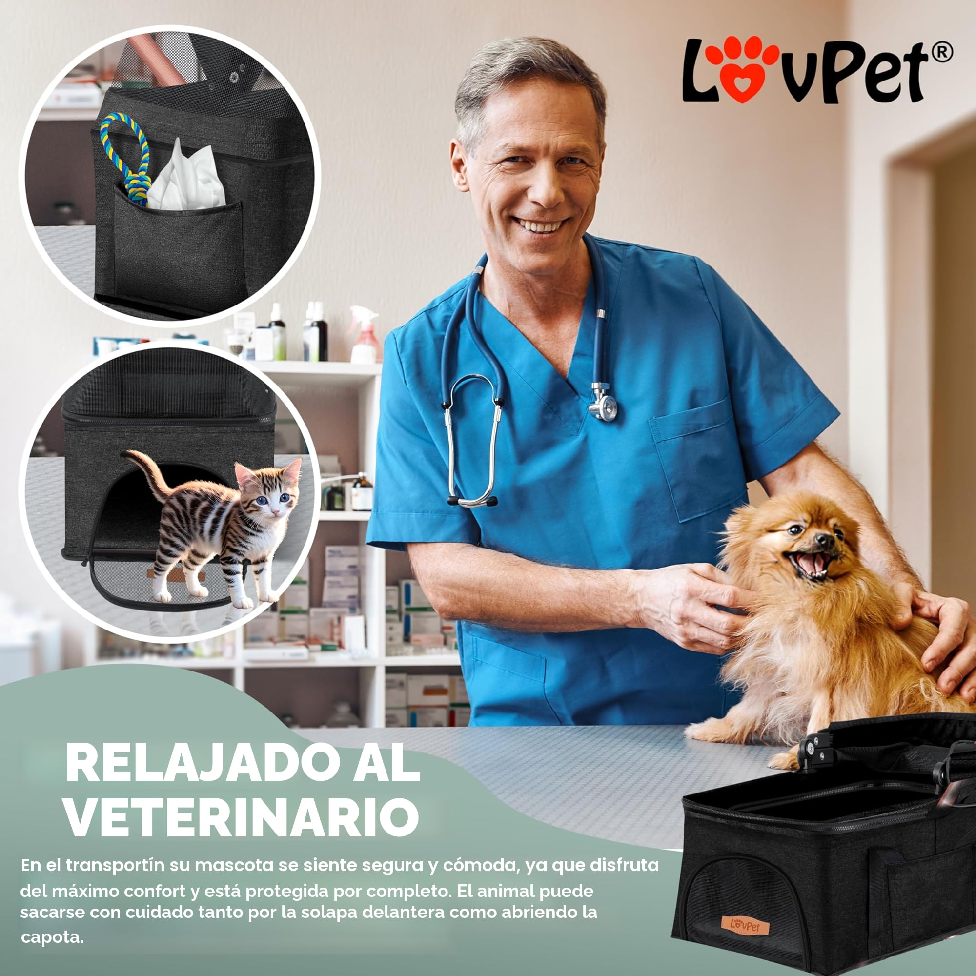 LOVPET Cochecito para perros 2 en 1, bolsa de transporte, plegable, hasta 20 kg, con ventana de red, soporte para bebidas, cubierta de lluvia y manta para correr para mascotas
