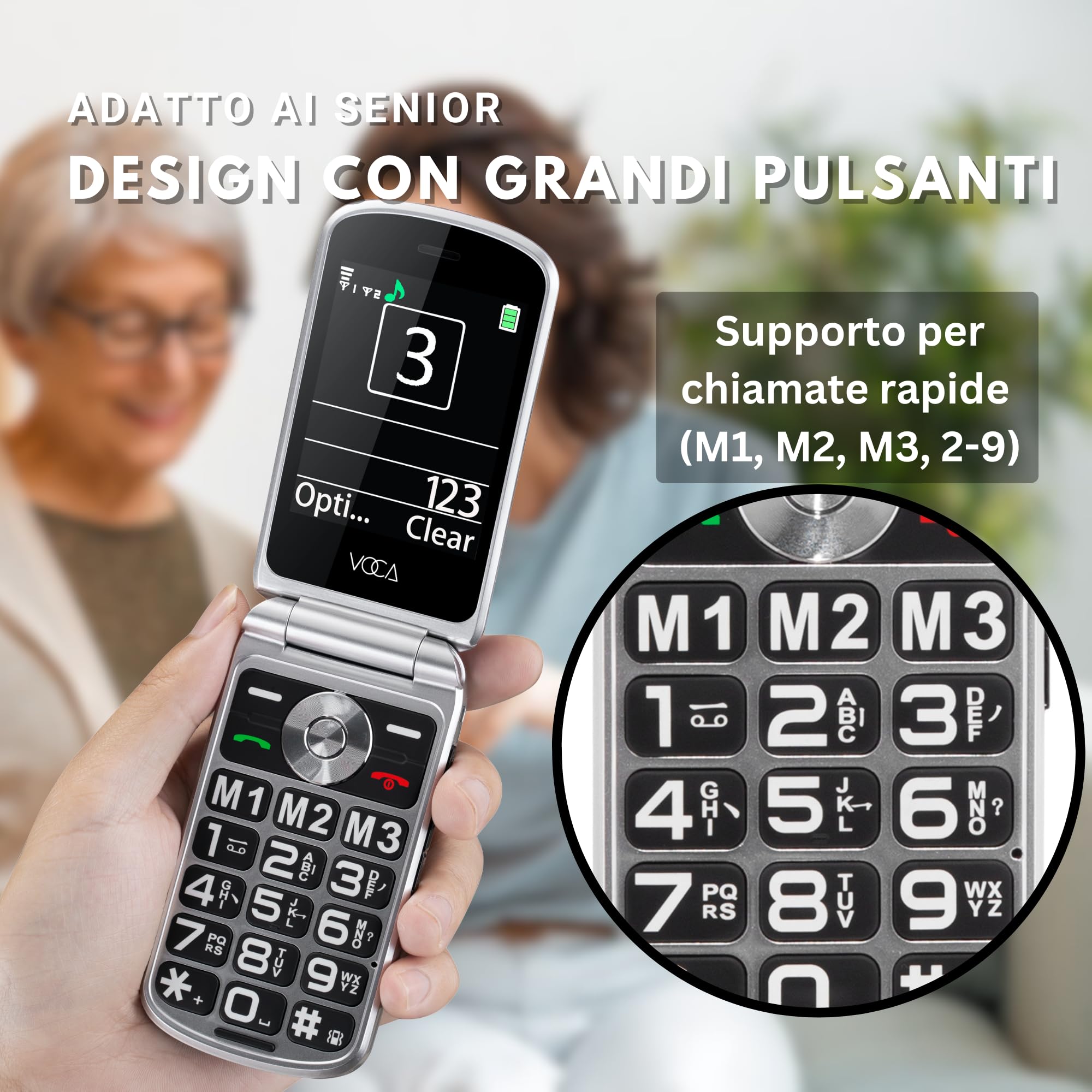 VOCA Telefono a conchiglia con grandi tasti per anziani, Doppio schermo, 4G LTE, Volume elevato, Pulsante SOS | Compatibilità con apparecchi acustici | Dock di ricarica | Testo predittivo | V543