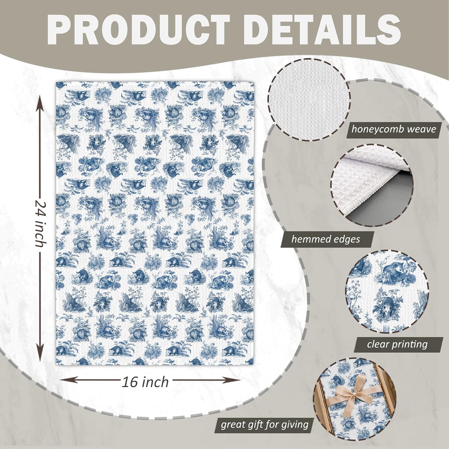 Chinoiserie Opossum Kitchen Towels 16x24 Inch | Blue and White Vintage Floral Opossum Kitchen Dish Tea Hand Towels,French Country Kitchen Bathroom Decor