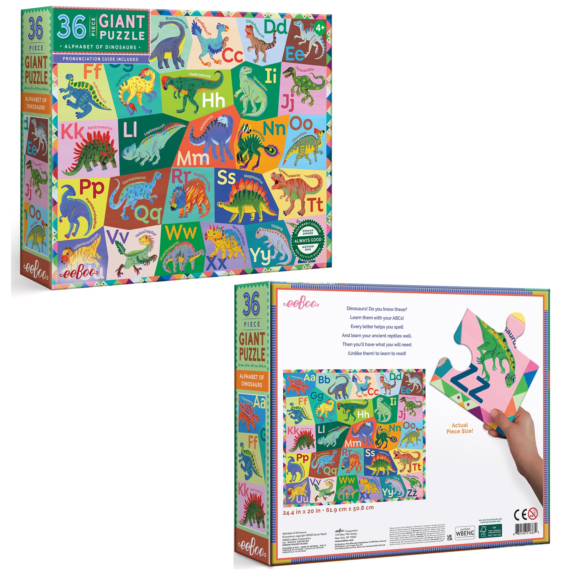 eeBoo: Dinosaurier-Alphabet-Puzzle, 36 Teile, 26 x 21 cm, prähistorisches Boden-Puzzle, übergroße Teile, pädagogischer Dino-Aussprache-Leitfaden für Kinder ab 3 Jahren
