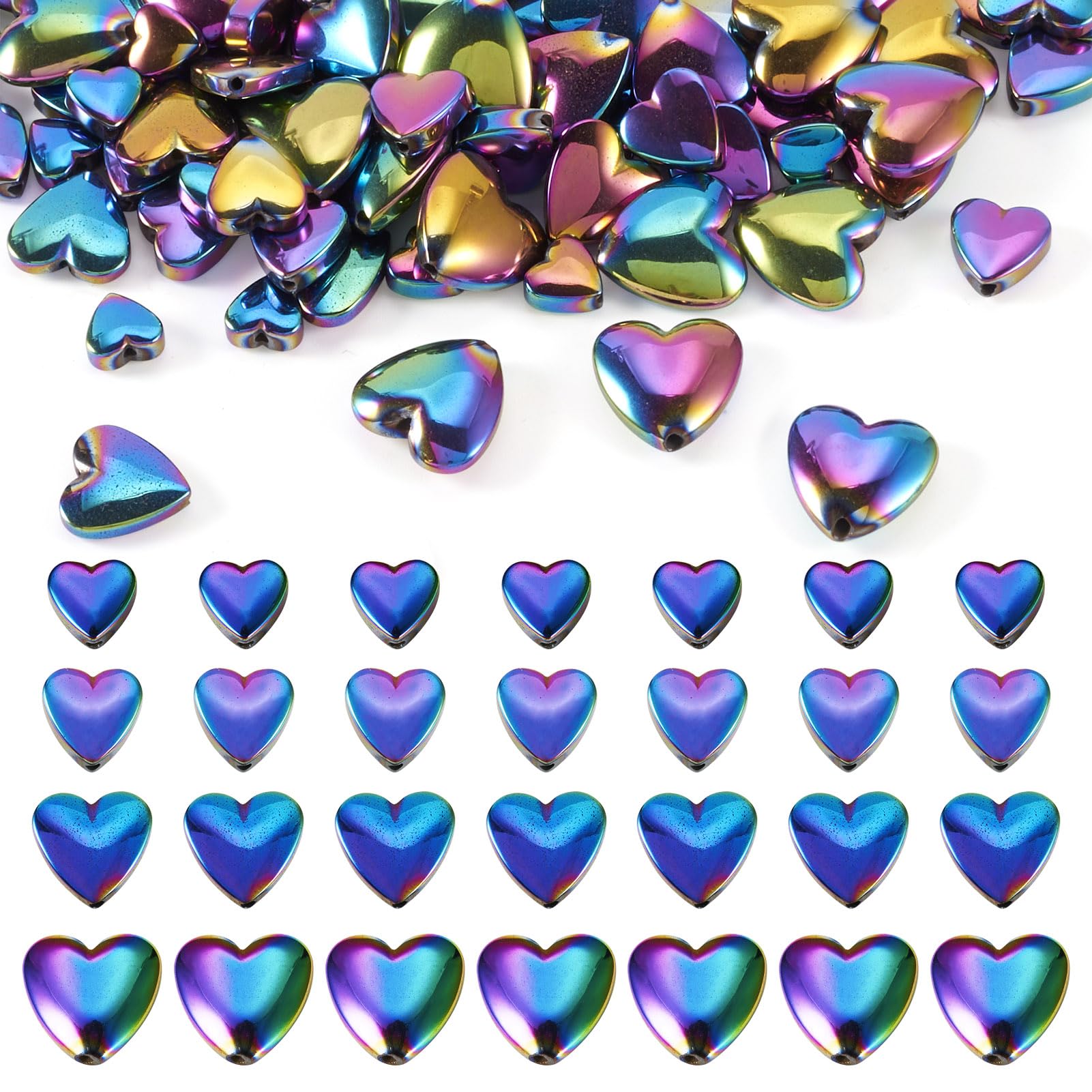 Beadthoven 6/8/10/12mm Heart Shape Gemstone Beads 4 Styles Rainbow Plated Hematite Beads Colorful Stone Loose Spacer Beads Bulk for DIY Bracelet Necklace Jewelry Making — image 1