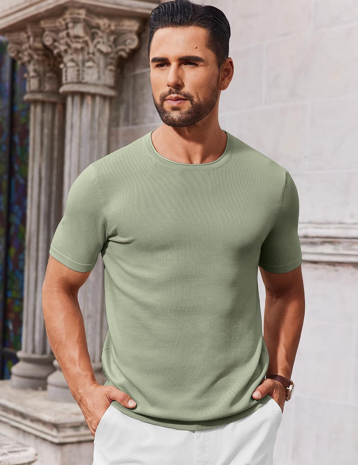 COOFANDY Men's Knitted Short Sleeve Summer Casual T-Shirts Crew Neck Light Green L