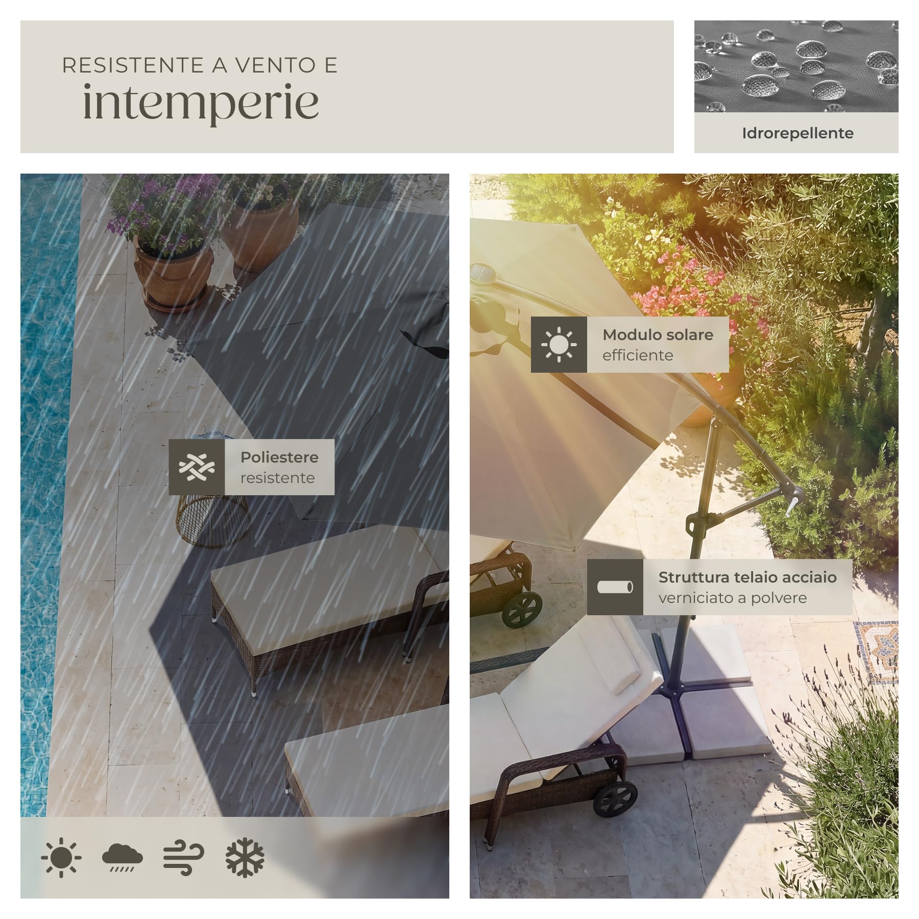 tectake® Ombrellone da Giardino 3x3 m, Ombrellone a Braccio Girevole 360° con Strisce Led a Energia Solare, Protezione UV 50+, Idrorepellente, Inclinabile, Base in Acciaio a Croce, Manovella