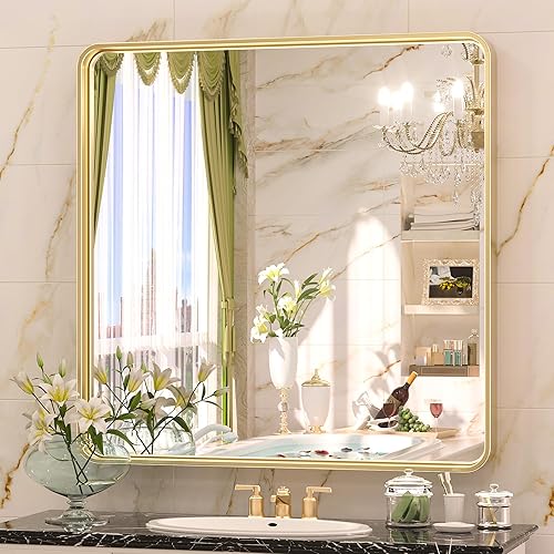 Miniatura 45 de TETOTE Espejo de 60 x 36 pulgadas para baño, espejo de tocador dorado de latón cepillado, espejo de pared grande rectangular con marco de metal Oro