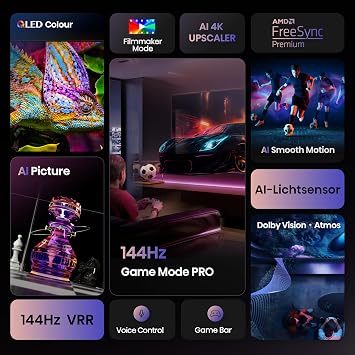 Hisense 55E7Q PRO TV 139 cm (55 Inch) 4K UHD QLED Smart TV 144Hz Game Mode Pro Filmmaker Mode AMD FreeSync Premium AI HDR Upscaler Dolby Vision IQ Dolby Atmos Voice Control (2025) [Energy Class E]