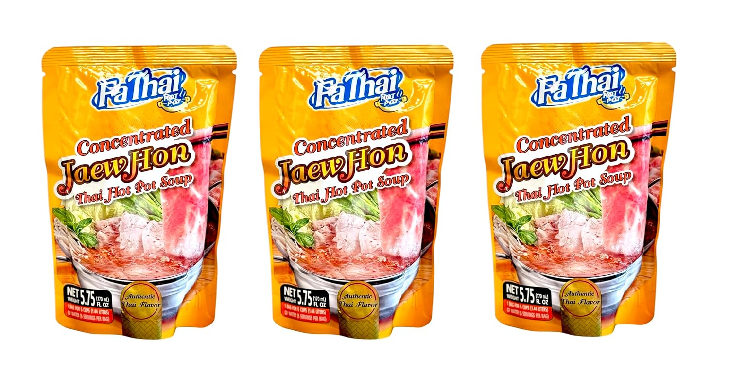 AquaNation Listing For Fa Thai Concentrated Jaew Hon Thai Hot Pot Soup Base – Authentic Thai Flavor, Product of Thailand, Perfect for Hotpot, Sukiyaki, Rice Noodles, and BBQ - 5.75oz (170ml) (Pack of 3, Jaew Hon Thai Hot Pot Soup)