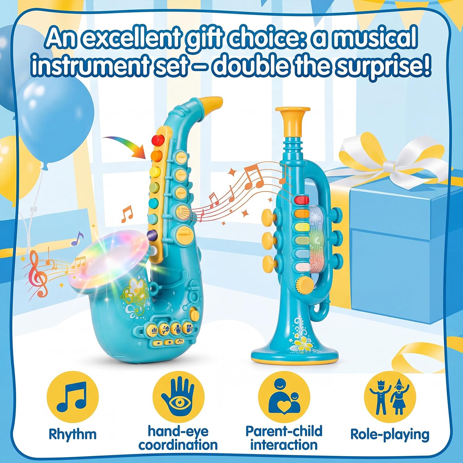 Lewtemi Set of 2 Musical Instruments for Kids, 10-inch Toy Saxophone with Lights and Sounds and Toy Trumpet, Early Educational Musical Instrument Gift for Kids Toddlers Boys Girls Age 3+