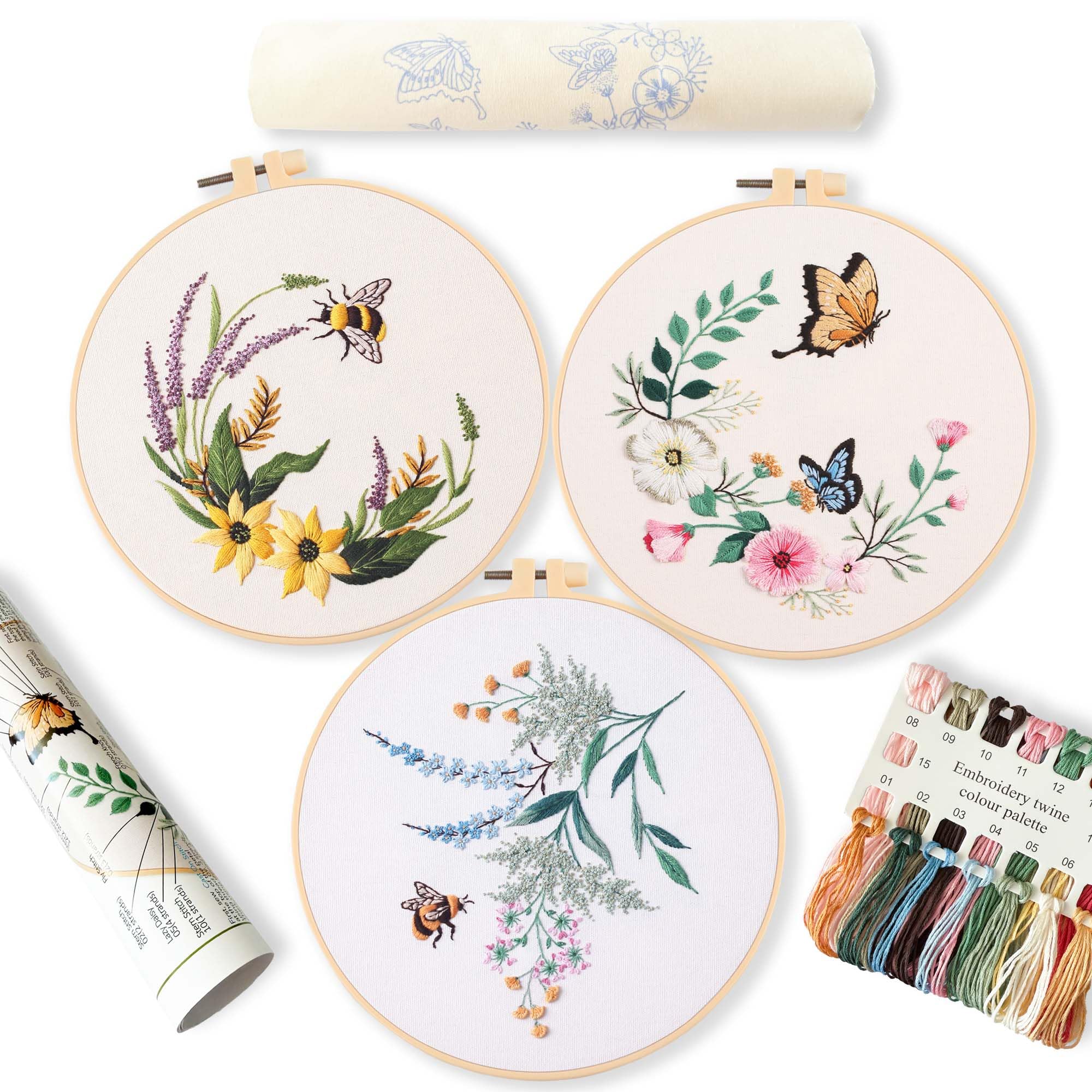 REEWISLY 3ps Embroidery Starter kit Patterns, DIY Adult Cross Stitch Kits Beginner, Including 3 Plastic Embroidery Rings, 1 Scissors, Colored Threads,Needles and Instructions