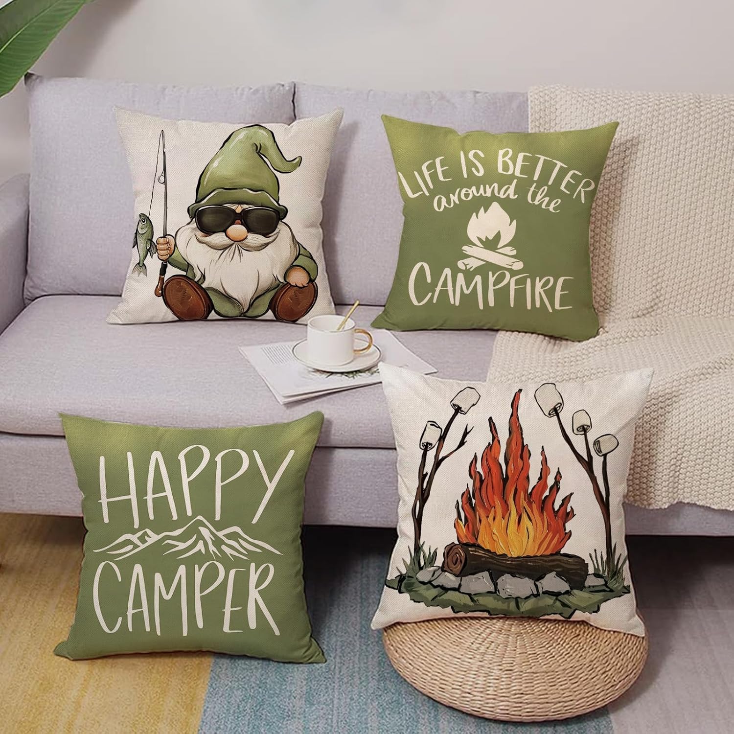 Happy Camper Gnome Green Decorative Throw Pillow Covers 18 x 18 Set of 4, Camping Life is Better Around The Campfire Porch Outdoor Home Decor, Adventure Campsite Mountain Couch Cushion Case - Image 4