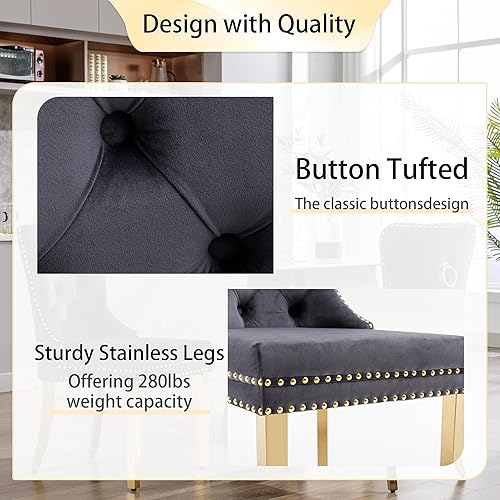 Miniatura 6 de Juego de 2 sillas de comedor, sillas de terciopelo acolchadas con patas doradas de acero inoxidable, anillo de tirador de metal con ribete de