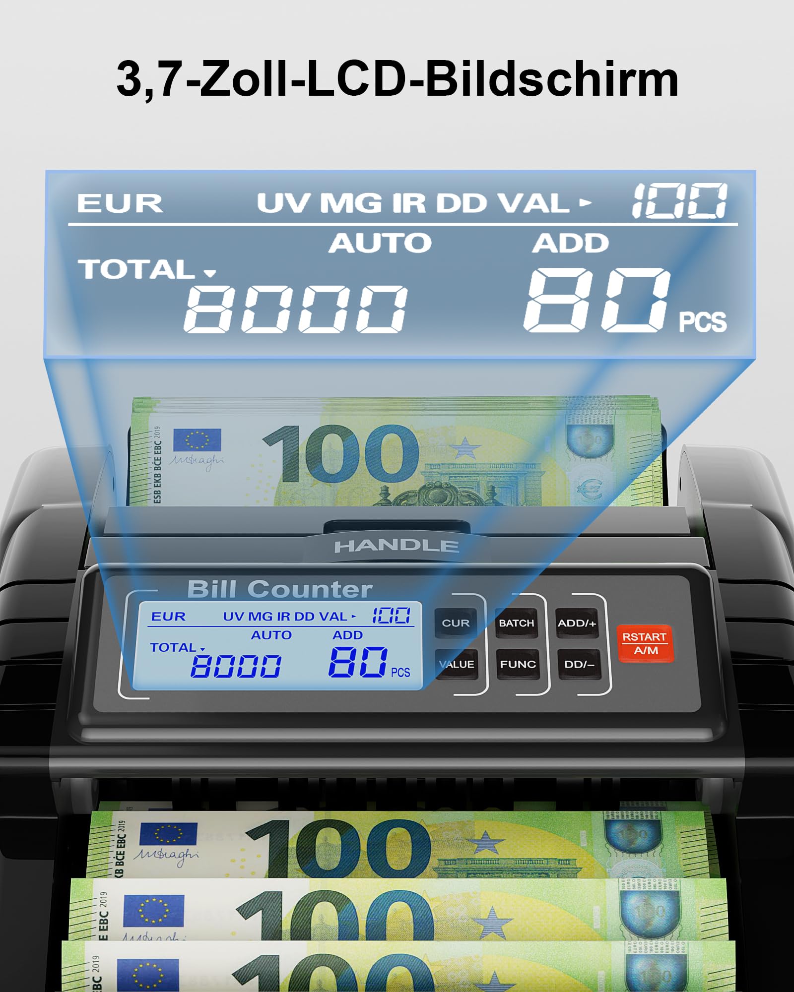 AL1000 Geldzählmaschine, UV/IR/DD/MG Falschgelderkennung, Wertzählung & Batch & Additions Funktionen, LCD-Display, 1200 Banknoten/Min., Unterstützt Mehrere Währungen, Schwar