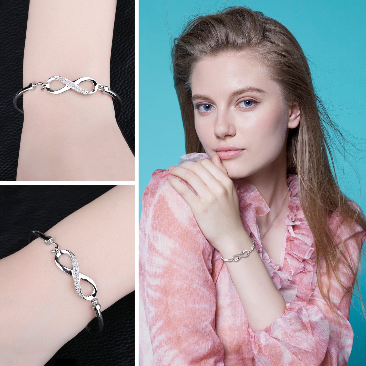 JewelryPalace Bransoletka Infinity Ladies Silver 925, zestaw biżuterii Bangle Infinity dla kobiet, bransoletki Infinity Sign Girls Mom Bangles z cyrkoniami dla dziewczyny