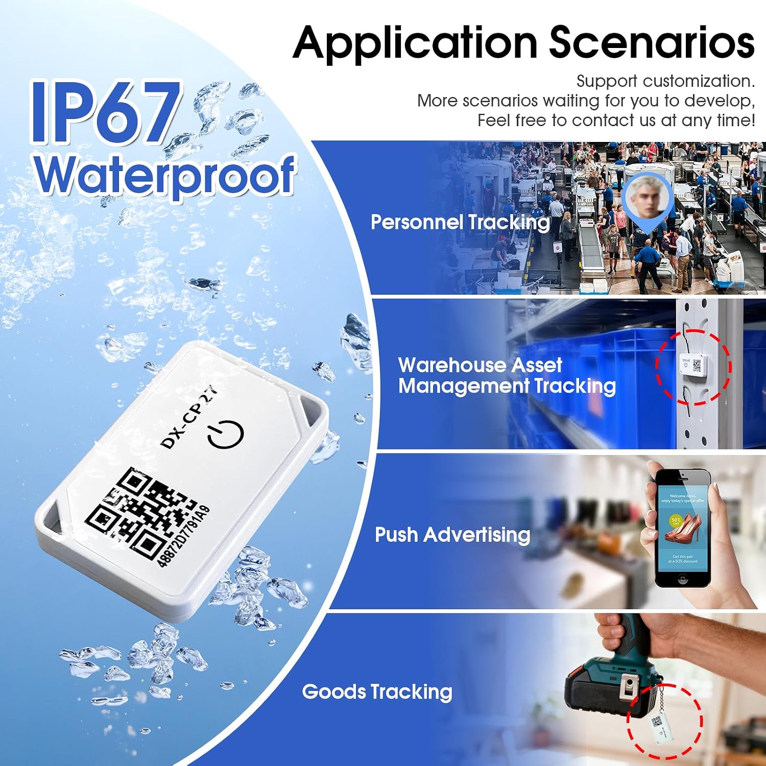 DX-CP27 Beacon application scenarios including personnel tracking, warehouse management, and advertising