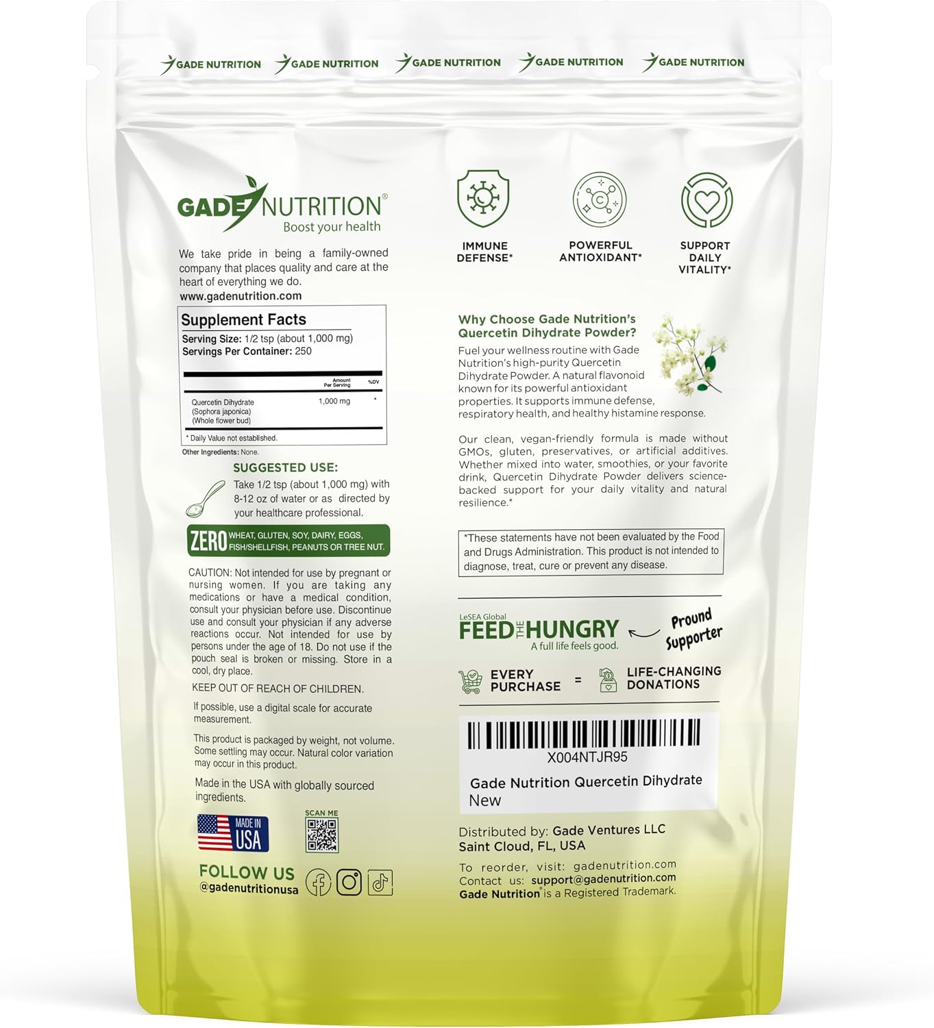 Gade Nutrition Pure Quercetin Dihydrate Powder | 98% Purity, Non-GMO, Gluten-Free and Dairy Free | 250g (8.8 oz), 1000mg per Serving, 250 Servings | Immune Support, Powerful antioxidant | USA Made