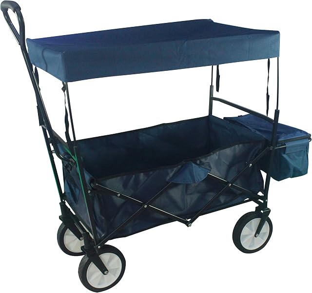 PRO-CARTS Foldable Wagon Folding Wagon Cart Utility Garden Cart Collapsible Outdoor Foldable Trolley with Sun/Rain Shade Blue