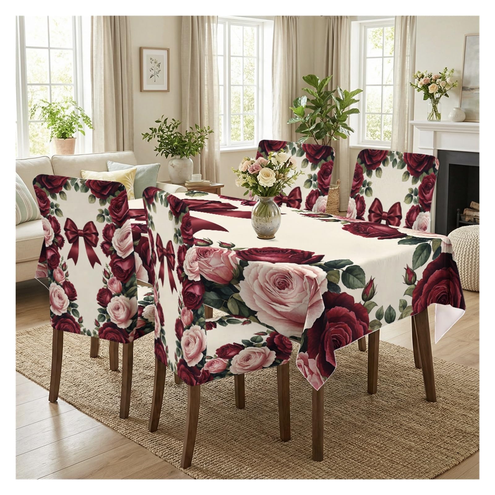 BOSUYBN Vintage Rose & Bow Dining Set, 5/7 Piece Tablecloth With Chair Covers, Romantic Floral Print Slipcovers For Elegant Home Decor Table Setting(5pcs Set: Tablecloth+Chair Covers)