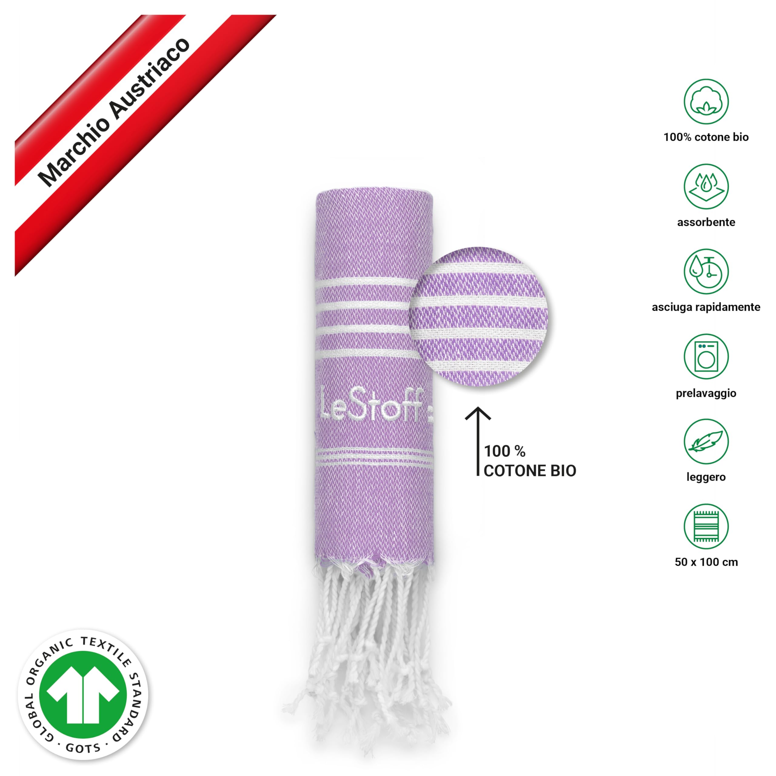 LeStoff Telo mare - 100% Cotone bio, 50 x 100 cm, Prelavato, Assorbente, Asciugatura Rapida, Leggero, Fouta, Telo Ospite, Telo Doccia, Telo Yoga, Telo Benessere, Asciugamano Sportivo Palestra (Lilac)