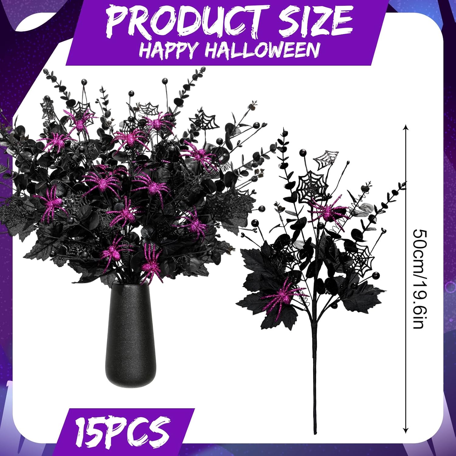 Giegxin 15 Pcs Halloween Floral Picks Halloween Decorations 19.5inch Black Artificial Flowers Branches Eucalyptus Stems Glitter Spiderweb Maple Leaf Stems for Home Indoor Party Vase Arrangement Decor - Image 2