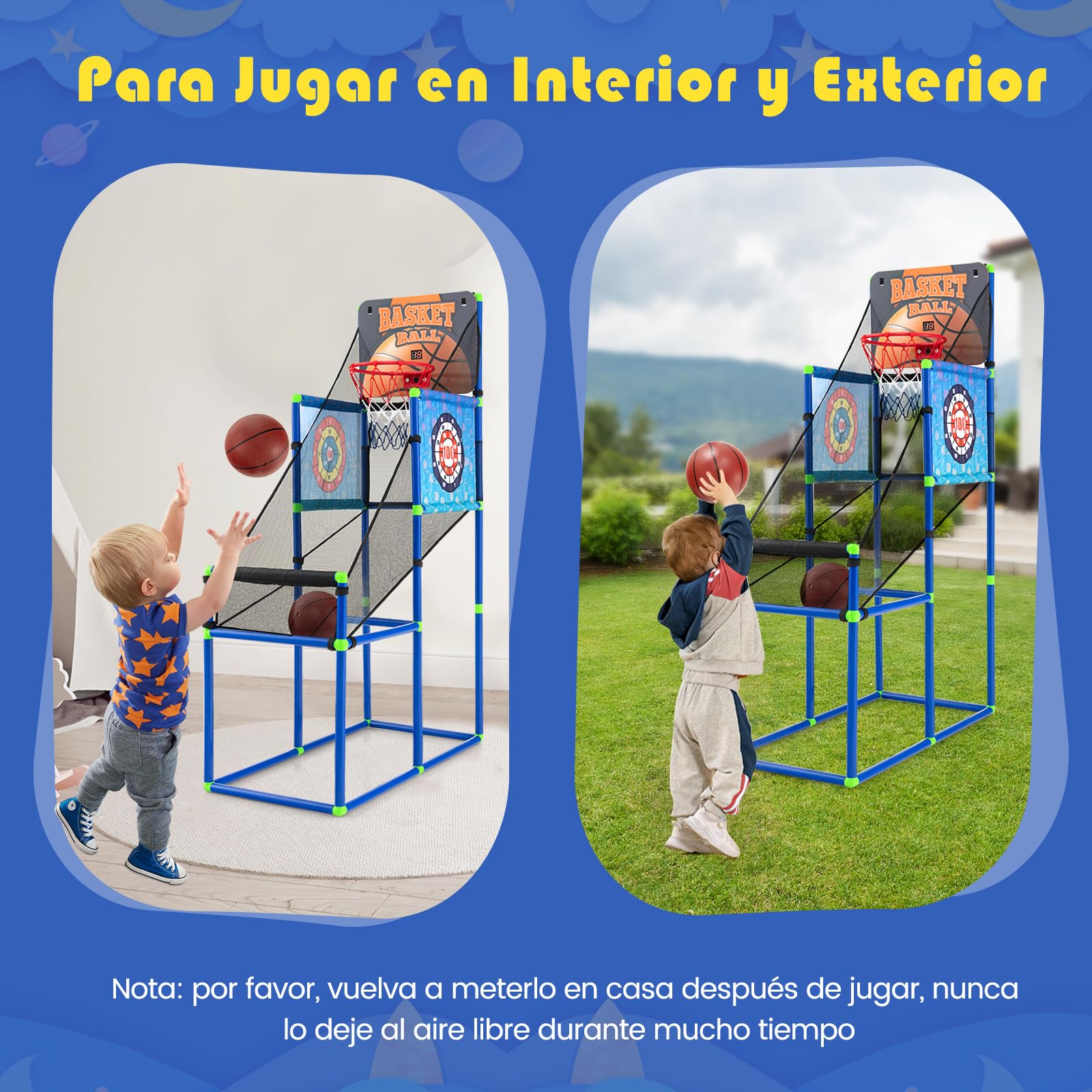 COSTWAY Canasta Baloncesto Infantil, Juego 2 en 1 de Baloncesto y de Pelotas Adhesivas, Marcador Electrónico, Sonido, Juego Deportivo de Arcade para Niños de 3+ Años