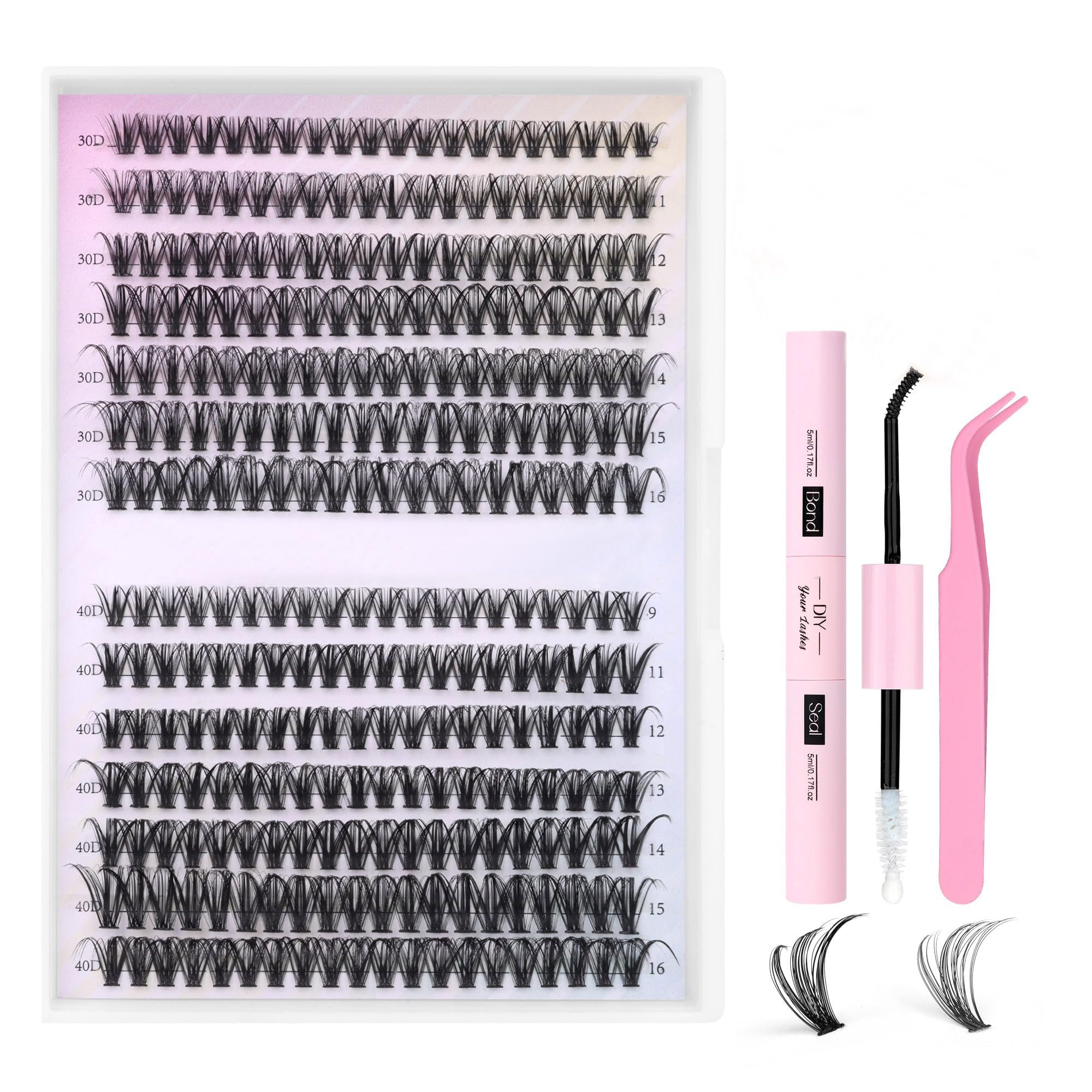 Generic Eyelash Extension Kit 280pcs Individual Eyelashes Kit Cluster Lashes Individual Cluster 9-16mm Lash Extension Kit with Lash Bond and Seal (30D&40D-9-16MIX KIT) (30D&40D KIT), Black