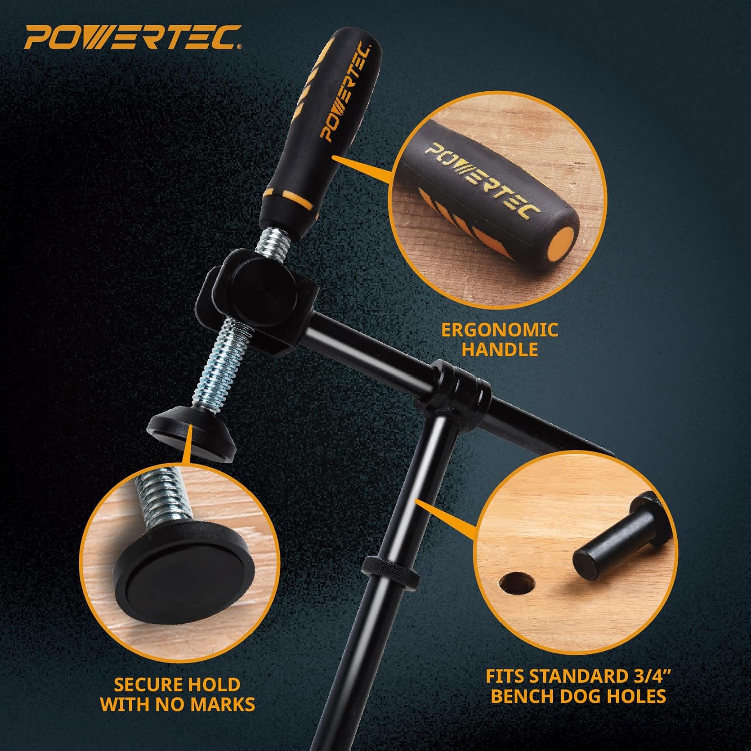 POWERTEC 71775 Adjustable Angle Screw Clamp, Universal Angle Bar + / - 42°, Fits Tables w/ 3/4" Bench Dog Holes, Woodworking Clamps Series - 1 Pack