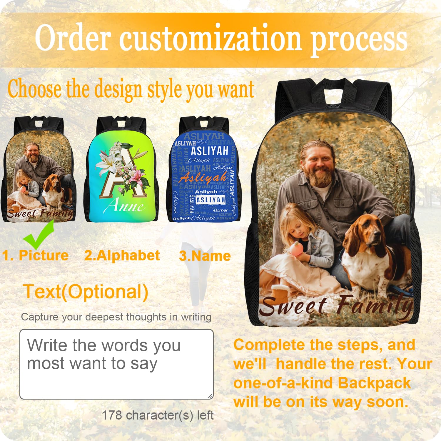 Boneker Custom Backpack Personalized Backpack with 1-9 Photo Customize Your Image Text Name Logo Waterproof Laptop Bag (1 Photo)