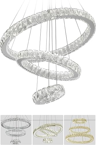 Miniatura 8 de Lámpara de araña de cristal LED grande, 3 colores moderna iluminación de techo, 3 anillos colgantes lámpara colgante ajustable, lámpara de techo