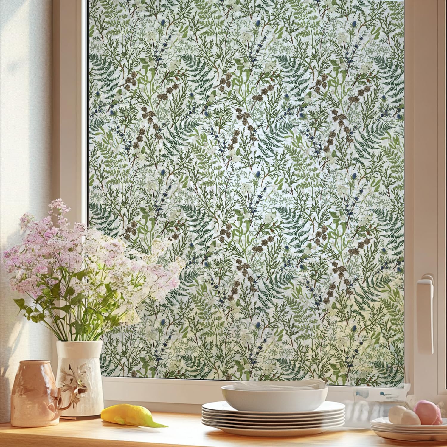 Alwayspon 118inchx17inchinch Non-Adhesive UV Rainbow Window Privacy Film, Green Fern Stained Glass Window Film, Decorative Static Cling Glass Sticker for Home, Room, Bathroom, Glass Door