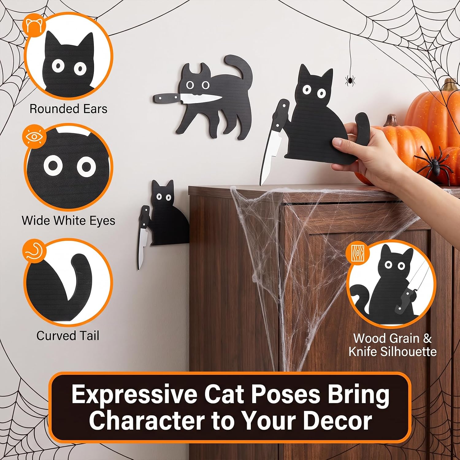 Funny Black Cat Halloween Decorations Set of 3, Wooden Cat Wall Decor with Unique Poses, Spooky Cute Halloween Wall Art for Door, Entryway, Kitchen, Shelf, Cat Lover Gift for Women