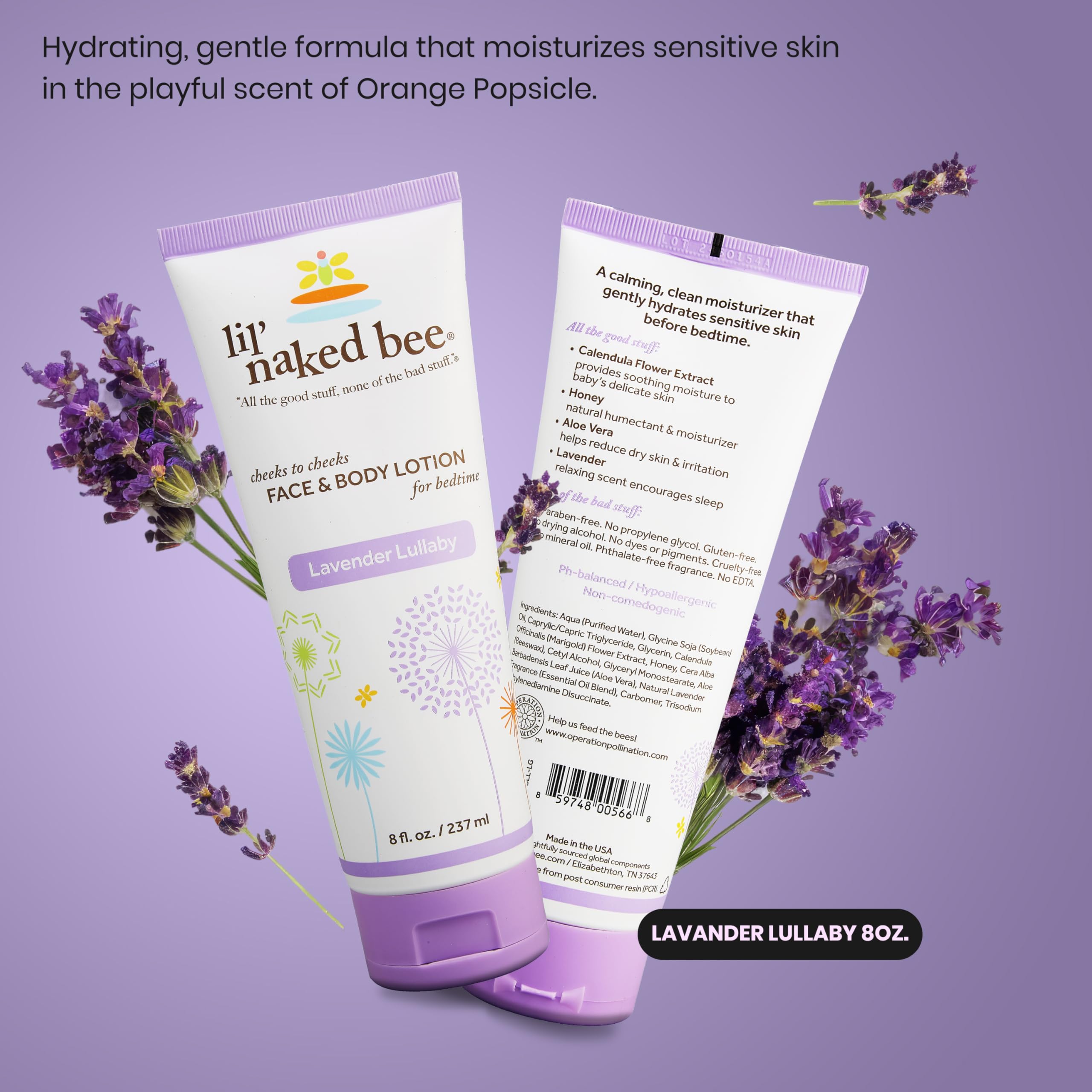 The Naked Bee Lil Naked Bee Babylotion für Kinder (8 Oz) Lavender Lullaby Cheeks To Cheeks für Gesicht und Körper, um die Haut mit Feuchtigkeit zu versorgen und zu befeuchten