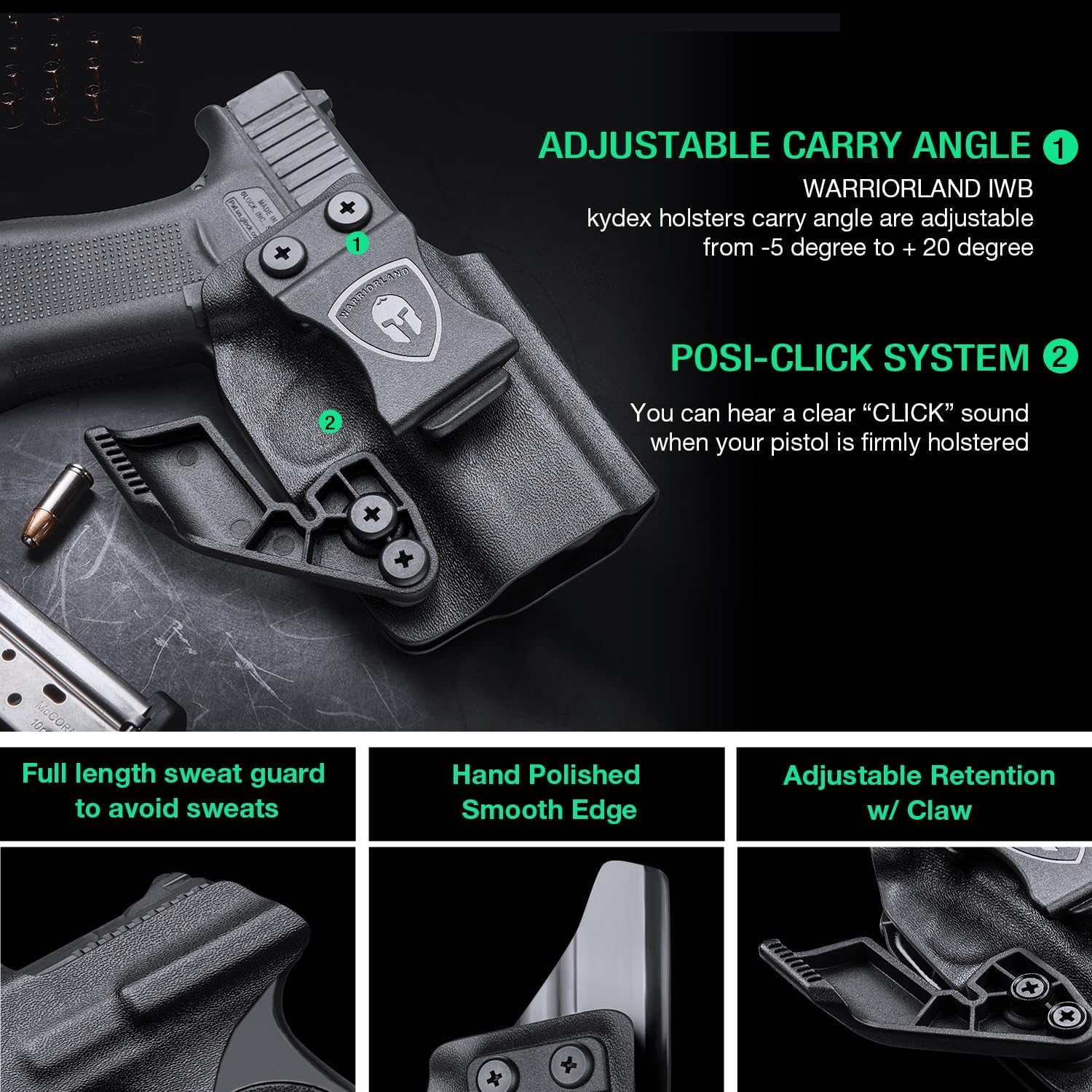 WARRIORLAND IWB Kydex Holster for Glock 43X / G43X MOS / G43 – Inside Waistband Appendix Carry | w/Claw & Optic Cut, Adj. Retention & Cant | Right/Left Hand & Light-Bearing (TLR-7 X Sub) Available